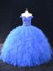 Fancy Blue Sleeveless Beading and Ruffles Floor Length Quinceanera Dress