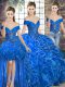 Royal Blue Organza Lace Up 15th Birthday Dress Sleeveless Floor Length Beading and Ruffles