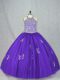 Sleeveless Floor Length Beading and Appliques Lace Up Quinceanera Dresses with Purple