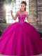 Customized Tulle Sleeveless 15th Birthday Dress Brush Train and Beading and Pick Ups