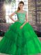 Green Sleeveless Brush Train Beading and Lace Quinceanera Gown