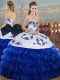 Custom Design Royal Blue Lace Up Sweetheart Embroidery and Ruffled Layers and Bowknot Ball Gown Prom Dress Organza Sleeveless