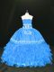 Exquisite Blue Organza Lace Up Strapless Sleeveless Floor Length Ball Gown Prom Dress Embroidery and Ruffles