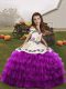 Purple Sleeveless Floor Length Embroidery and Ruffled Layers Lace Up Kids Formal Wear