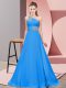 Blue Lace Up One Shoulder Beading Prom Dress Chiffon Sleeveless