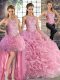 Super Scoop Sleeveless Sweet 16 Dresses Floor Length Beading Rose Pink Fabric With Rolling Flowers