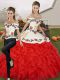 Glittering White And Red Sweet 16 Dress Military Ball and Sweet 16 and Quinceanera with Embroidery and Ruffles Off The Shoulder Sleeveless Lace Up