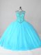 Aqua Blue 15th Birthday Dress Sweet 16 and Quinceanera with Beading Scoop Sleeveless Lace Up