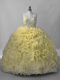 Sweetheart Sleeveless Lace Up Quince Ball Gowns Yellow Fabric With Rolling Flowers