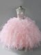 Pink Tulle Lace Up Halter Top Sleeveless Floor Length Sweet 16 Dresses Beading and Ruffles