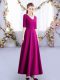 Ankle Length Fuchsia Quinceanera Dama Dress V-neck Half Sleeves Zipper