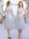 Tea Length Zipper Vestidos de Damas Grey for Wedding Party with Lace and Belt