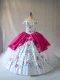 Flirting Pink And White Ball Gowns Off The Shoulder Sleeveless Organza Floor Length Lace Up Embroidery and Ruffles 15th Birthday Dress