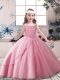 Rose Pink Tulle Lace Up Off The Shoulder Sleeveless Floor Length Custom Made Pageant Dress Beading