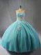 Designer Organza Halter Top Sleeveless Lace Up Appliques Quinceanera Dresses in Blue