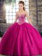 Clearance Fuchsia Ball Gowns Beading Sweet 16 Dress Lace Up Tulle Sleeveless