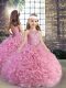 Pink Ball Gowns Beading Child Pageant Dress Lace Up Fabric With Rolling Flowers Sleeveless Floor Length