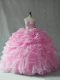 Baby Pink Organza Lace Up Strapless Sleeveless 15th Birthday Dress Brush Train Beading and Ruffles and Pick Ups