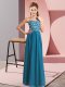Amazing Teal Sleeveless Floor Length Beading Lace Up Prom Dresses