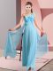 Sophisticated Aqua Blue Chiffon Lace Up Court Dresses for Sweet 16 Sleeveless Floor Length Hand Made Flower