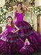 Best Selling Fuchsia Organza Lace Up Halter Top Sleeveless Floor Length Quinceanera Dress Embroidery and Ruffles