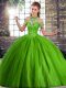 Wonderful Tulle Halter Top Sleeveless Brush Train Lace Up Beading Quince Ball Gowns in Green