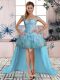 Super Light Blue Off The Shoulder Lace Up Beading and Ruffles Prom Dress Sleeveless