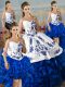 Satin and Organza Sweetheart Sleeveless Lace Up Embroidery and Ruffles 15 Quinceanera Dress in Blue And White