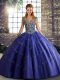 Purple Ball Gowns Straps Sleeveless Tulle Floor Length Lace Up Beading and Appliques Sweet 16 Dresses