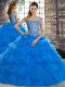 Custom Made Blue Lace Up Off The Shoulder Beading and Pick Ups Quinceanera Dress Tulle Sleeveless Brush Train