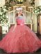 Ball Gowns Pageant Dress Watermelon Red Scoop Tulle Sleeveless Floor Length Backless