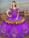Sleeveless Floor Length Embroidery Lace Up Quinceanera Gown with Purple