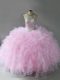 Pink Tulle Lace Up Halter Top Sleeveless Floor Length Ball Gown Prom Dress Beading and Ruffles