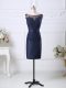 Graceful Sleeveless Satin Knee Length Zipper Prom Gown in Navy Blue with Beading and Lace