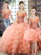 Lace Up Vestidos de Quinceanera Peach for Military Ball and Sweet 16 and Quinceanera with Beading and Ruffled Layers Brush Train