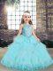 Latest Sleeveless Floor Length Beading and Lace and Appliques Lace Up Little Girls Pageant Dress with Aqua Blue Latest Sleeveless Floor Length Beading and Lace and Appliques Lace Up Little Girls Pageant Dress with Aqua Blue