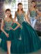 Tulle Straps Sleeveless Lace Up Beading and Appliques Quinceanera Gown in Peacock Green
