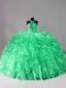 Adorable Sleeveless Organza Brush Train Lace Up Quince Ball Gowns in Green with Beading and Ruffles
