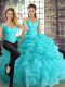 Stunning Off The Shoulder Sleeveless Ball Gown Prom Dress Floor Length Beading and Ruffles and Pick Ups Aqua Blue Organza