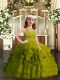 Olive Green Organza Zipper Evening Gowns Sleeveless Floor Length Ruffled Layers