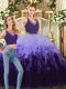 Glamorous Tulle V-neck Sleeveless Backless Beading and Ruffles Sweet 16 Dresses in Purple and Multi-color