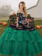 Designer Off The Shoulder Sleeveless Tulle Quinceanera Gowns Embroidery and Ruffled Layers Brush Train Lace Up