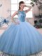Classical Blue Tulle Lace Up Scoop Sleeveless Floor Length Quince Ball Gowns Beading