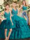 V-neck Sleeveless Backless Quinceanera Dresses Teal Organza