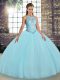 Sleeveless Floor Length Embroidery Lace Up Quinceanera Dress with Aqua Blue