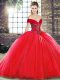 Latest Red Organza Lace Up Off The Shoulder Sleeveless Quinceanera Dresses Brush Train Beading