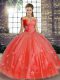 Custom Design Watermelon Red Off The Shoulder Lace Up Beading and Appliques Quinceanera Gown Sleeveless