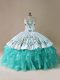 Floor Length Lace Up Ball Gown Prom Dress Blue And White for Sweet 16 and Quinceanera with Embroidery and Ruffles