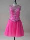 Comfortable Beading Evening Dress Hot Pink Lace Up Sleeveless Mini Length