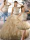 Fashionable Floor Length Champagne Ball Gown Prom Dress Tulle Sleeveless Beading and Ruffles